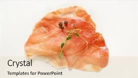  Presentation with pepl jumping up in the air - Amazing slides having slice of air dried ham backdrop and a  colored foreground