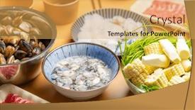  Presentation with seafood - Presentation theme with slice-of-beef-and-seafood background and a yellow colored foreground