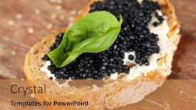  Presentation with caviar - Presentation enhanced with slice of bread with butter and black caviar on wooden background background and a coral colored foreground