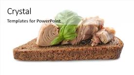  Presentation with cans canned tuna isolated - Audience pleasing theme consisting of slice of bread with canned backdrop and a  colored foreground