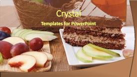  Presentation with table grape - Colorful presentation theme enhanced with slice of chocolate cream brownie cake topped with white chocolate and cream flowers with hot tea mug decorated with fruits apple plum and grape on plate on wooden table backdrop and a tawny brown colored foreground