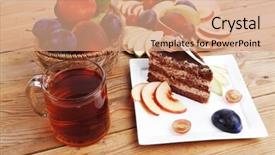  Presentation with table grape - Slides having slice of chocolate cream brownie cake topped with white chocolate and cream flowers with hot tea mug decorated with fruits apple plum and grape on plate on wooden table background and a coral colored foreground