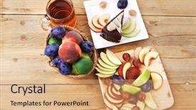  Presentation with table grape - Colorful presentation theme enhanced with slice of chocolate cream brownie cake topped with white chocolate and cream flowers with hot tea mug decorated with fruits apple plum and grape on plate on wooden table backdrop and a coral colored foreground