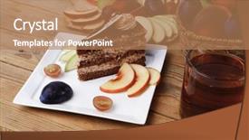  Presentation with table grape - Cool new theme with slice of chocolate cream brownie cake topped with white chocolate and cream flowers with hot tea mug decorated with fruits apple plum and grape on plate on wooden table backdrop and a coral colored foreground