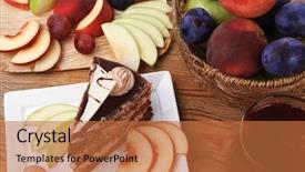  Presentation with table grape - Beautiful theme featuring slice of chocolate cream brownie cake topped with white chocolate and cream flowers with hot tea mug decorated with fruits apple plum and grape on plate on wooden table backdrop and a red colored foreground