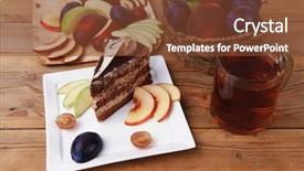  Presentation with table grape - Cool new PPT theme with slice of chocolate cream brownie cake topped with white chocolate and cream flowers with hot tea mug decorated with fruits apple plum and grape on plate on wooden table backdrop and a tawny brown colored foreground