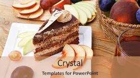  Presentation with table grape - Presentation design featuring slice of chocolate cream brownie cake topped with white chocolate and cream flowers with hot tea mug decorated with fruits apple plum and grape on plate on wooden table background and a coral colored foreground