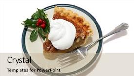  Presentation with banoffee pie cake on white - Slide deck consisting of slice of delicious pecan pie background and a coral colored foreground
