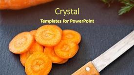  Presentation with carrots - Presentation having slice of juice carrots on chopping board in the kitchen background and a tawny brown colored foreground