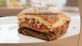  Presentation with white plate - PPT theme enhanced with slice-of-moussaka-traditional-greek background and a coral colored foreground