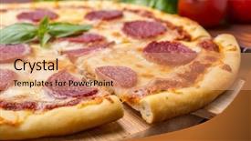  Presentation with pizza - Presentation design featuring slice of pepperoni pizza being background and a coral colored foreground