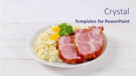  Presentation with white plate - Amazing presentation design having slice of smoked pork with potato salad on white plate backdrop and a sky blue colored foreground