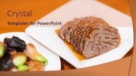  Presentation with beef - PPT layouts enhanced with slice-of-taiwanese-braised-beef background and a gold colored foreground