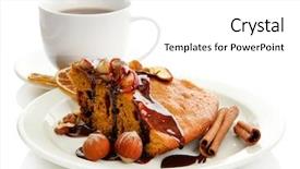  Presentation with coffee chocolate - Amazing PPT layouts having slice of tasty homemade pie with chocolate and cup of coffee isplated on white backdrop and a white colored foreground