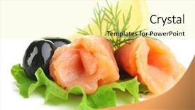  Presentation with olive - Slides consisting of sliced and rolled salmon black olive and herbs isolated on white background and a blonde colored foreground