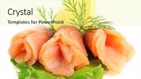  Presentation with salmon - Cool new PPT theme with sliced and rolled salmon with lemon slice on salad leaf isolated on white backdrop and a blonde colored foreground