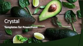  Presentation with fresh avocado - Beautiful PPT layouts featuring sliced avocado with fresh spinach basil and lime on wooden background close up backdrop and a tawny brown colored foreground