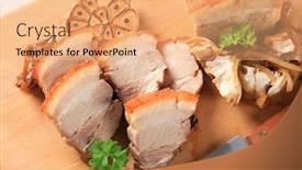  Presentation with garlic - Cool new PPT layouts with sliced baked pork belly with garlic backdrop and a coral colored foreground