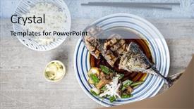  Presentation with barbecue - Beautiful theme featuring sliced barbecue bonito with vegetable backdrop and a light blue colored foreground