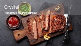  Presentation with sauces - Presentation design having sliced-beef-steak-with-sauces background and a gray colored foreground