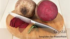  Presentation with beetroot - Colorful theme enhanced with sliced beetroot on board on wooden table close-up backdrop and a coral colored foreground