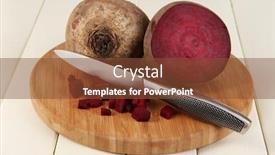  Presentation with beetroot - Cool new theme with sliced beetroot on board on wooden table close-up backdrop and a tawny brown colored foreground