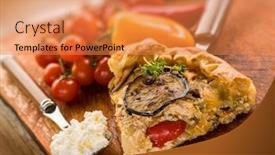  Presentation with capsicum - Presentation consisting of sliced cake with ricotta eggplants and capsicum background and a coral colored foreground