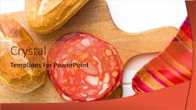  Presentation with chorizo - Colorful slides enhanced with sliced chorizo salami and buns on cutting board backdrop and a red colored foreground