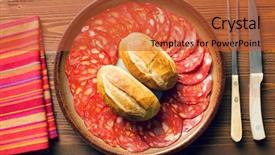  Presentation with chorizo - PPT theme with sliced chorizo salami with buns on plate background and a red colored foreground