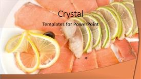  Presentation with salmon - Audience pleasing presentation design consisting of sliced chum salmon and mackerel decorated with limes lemons and olives backdrop and a coral colored foreground