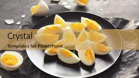  Presentation with eggs egg carton egg box - Presentation design enhanced with sliced eggs on table nutrition background and a  colored foreground