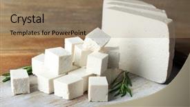  Presentation with feta cheese - Slide set with sliced feta cheese with rosemary background and a coral colored foreground