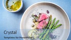  Presentation with barbecue dry aged kobe rib - Cool new PPT layouts with sliced fillet steak with green backdrop and a light blue colored foreground