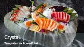  Presentation with foods - Audience pleasing theme consisting of sliced fish shellfish or crustacean backdrop and a  colored foreground