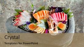  Presentation with foods - Colorful slide deck enhanced with sliced fish shellfish or crustacean backdrop and a  colored foreground