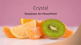  Presentation with kiwi - PPT theme with sliced fresh peeled kiwi lemon tangerine and orange on a table isolated on a pink background background and a coral colored foreground