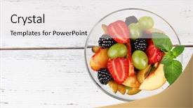  Presentation with fresh fruit retailer - Presentation theme featuring sliced fruits - fresh tasty fruit salad background and a light gray colored foreground
