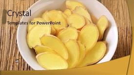  Presentation with root - Slides featuring sliced ginger root served in a bowl on the table background and a yellow colored foreground
