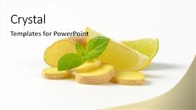  Presentation with lemon lime - Slide set consisting of sliced ginger with lemon and lime on white background background and a white colored foreground