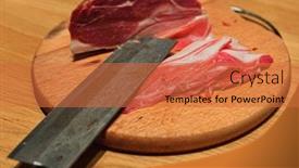  Presentation with wooden - PPT layouts having sliced-jamon-hamon-and-knife background and a red colored foreground