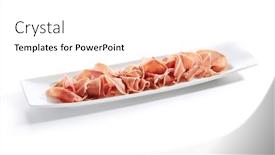  Presentation with white plate - PPT theme having sliced-jamon-iberico-prosciutto background and a white colored foreground
