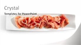  Presentation with white plate - Amazing PPT layouts having sliced-jamon-iberico-prosciutto backdrop and a white colored foreground