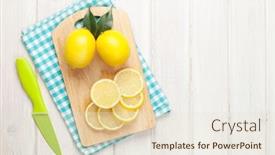  Presentation with wood board - Cool new slide set with sliced lemon on cutting board top view over wood table background with copy space backdrop and a lemonade colored foreground
