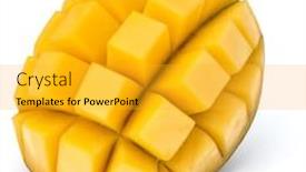  Presentation with mango - Cool new slides with sliced mango cubes isolated on white background backdrop and a gold colored foreground