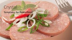  Presentation with onion - Slide deck with sliced mortadella-like sausage sprinkled with spring onion background and a lemonade colored foreground