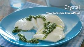  Presentation with blue cheese - Amazing slide set having sliced mozzarella cheese with pesto sauce on a blue plate backdrop and a teal colored foreground