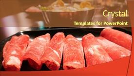  Presentation with restaurant - Amazing PPT theme having sliced-pork-in-a-dish backdrop and a red colored foreground