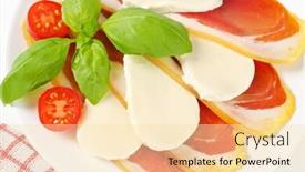  Presentation with helva fresh sliced halva - Audience pleasing presentation consisting of sliced prosciutto crudo and mozzarella with fresh basil and tomatoes backdrop and a lemonade colored foreground