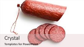  Presentation with fresh fruits salad on white - Colorful slide set enhanced with sliced salami on white background backdrop and a lemonade colored foreground