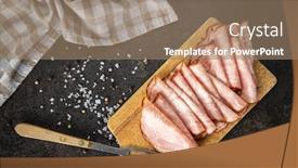  Presentation with kitchen - Audience pleasing PPT theme consisting of sliced-salami-sausage-smoked-ham backdrop and a coral colored foreground